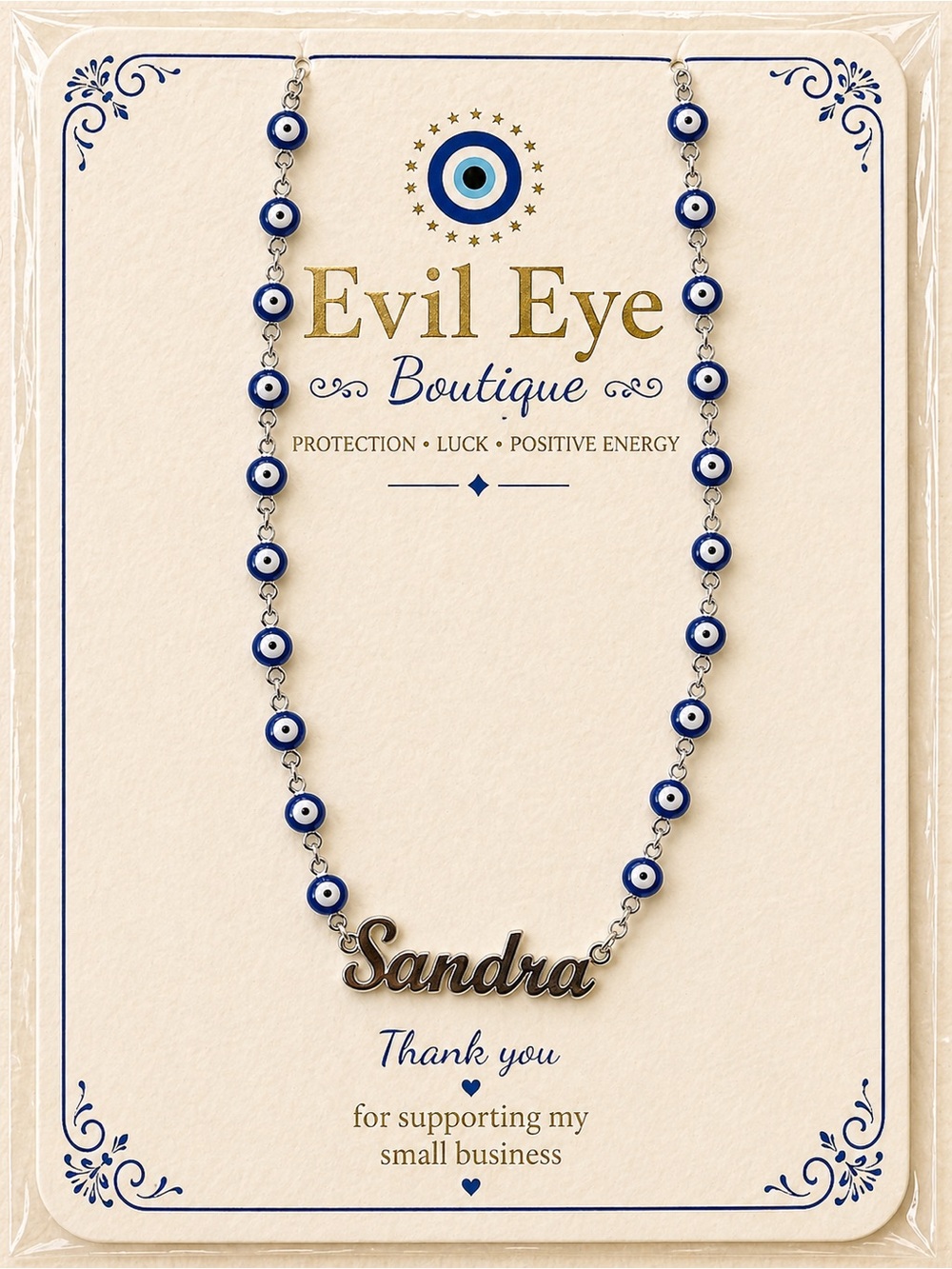 Blue Evil Eye Name Necklace - Sandra